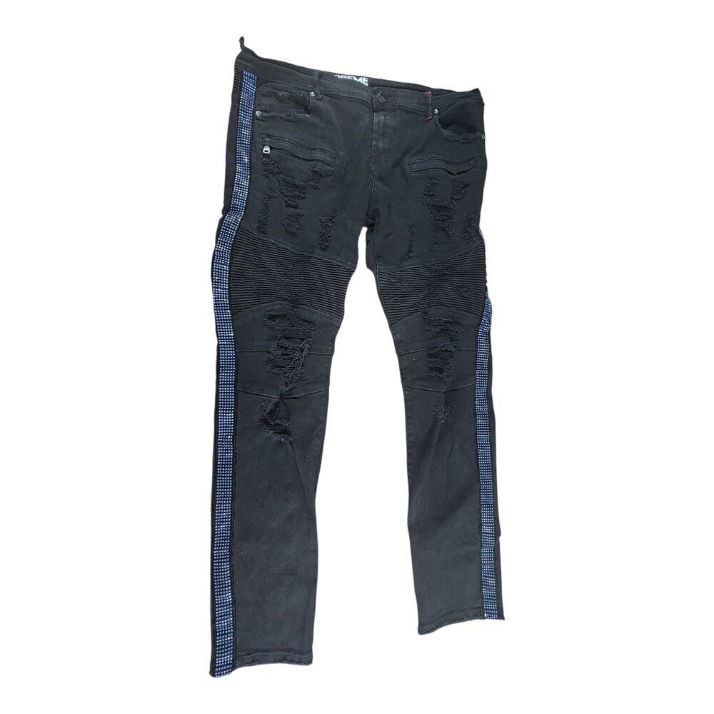 Preme mens pant sz 40W 34 L black distressed blue rhinestone sides skinny street